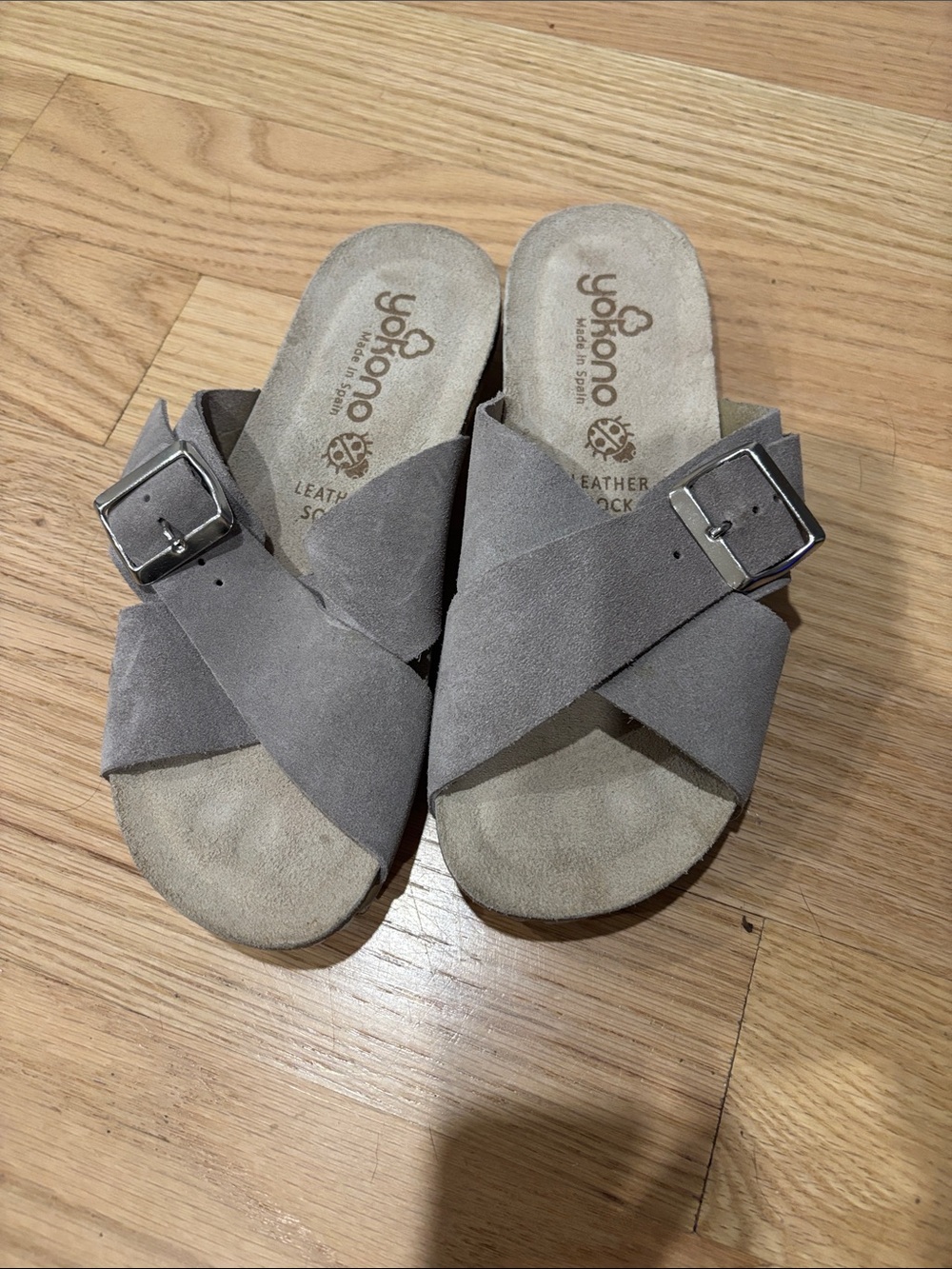 Women's Gray Suede Crossover Buckle Slide Mules